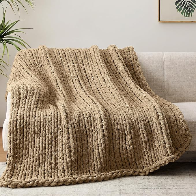 Chunky Knit Throw Blanket, 40''*50'' Knitted Throw Chenille Yarn for Bed Couch, Handmade Light Brown Crochet Big Thick Blanket, Machine Washable Cute Comfy Blanket for Home Decor