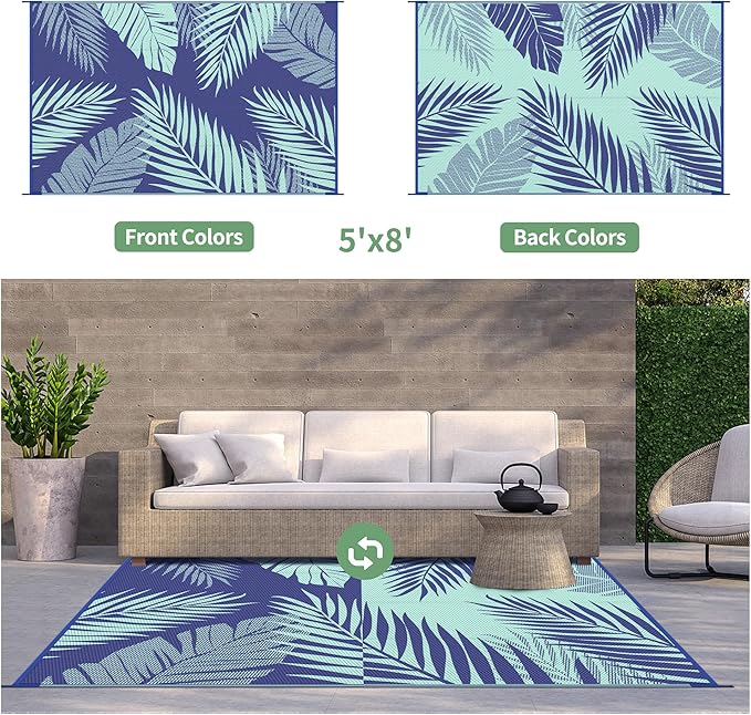 GENIMO Outdoor Rug 5' x 8' Waterproof for Patios Clearance, Reversible Outdoor Plastic Straw Camping Rug Carpet, Large Area Rugs Mats for RV, Camper, Deck, Balcony, Porch, Beach, Royal Blue&Blue Green