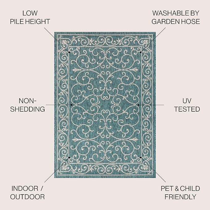 JONATHAN Y Vintage Filigree Indoor Outdoor Area Rug 8X10 Teal/Gray, Charleston Textured Weave for Backyard, Patio, Porch, Easy-Cleaning, High Traffic, Pet-Friendly, Non-Shedding (SMB106F-8)