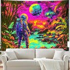 BVBOX Astronaut Space Blacklight Tapestry 79"x59", UV Reactive Astronaut Tropical Rainforest Universe Galaxy Planet Glow in Dark Tapestries, Black Light Neon Upright Poster Wall Hanging Backdrop Decor for Bedroom Living Room