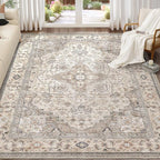 Washable Area Rugs for Living Room - 10x14 Neutral Vintage Distressed Floral Farmhouse Boho Large Soft Floor Rug Indoor Non Slip Carpet for Bedroom Dining Room Office - Brown/Multi
