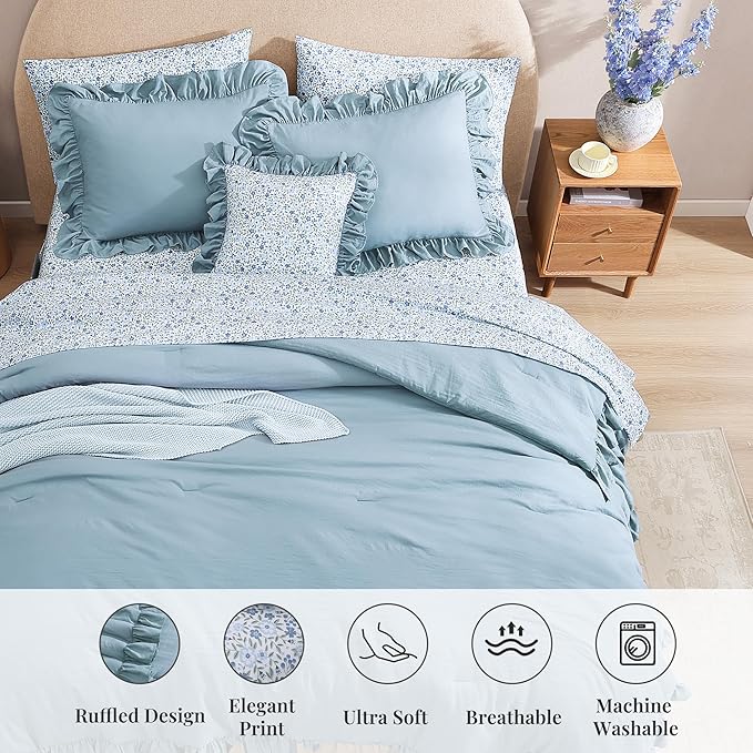 Full Comforter Set - 7 Pieces Ruffle Blue Bedding Sets, Shabby Chic Farmhouse Bed in a Bag Full with Ruffle Comforter, Floral Sheets, Pillowcases & Shams