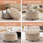 COLAMY Fabric Round Storage Ottoman with Reversible Tray Lid – Multi-Functional Footrest, Hidden Storage, Sturdy & Stylish Small Coffee Table for Living Room, Bedroom, or Entryway(Camel)