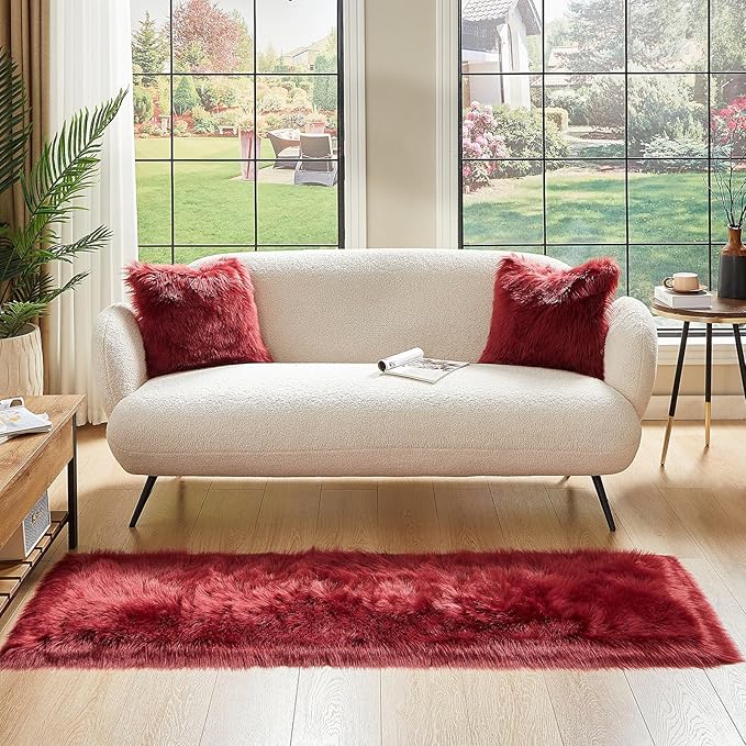 AMTOVO Faux Fur Rug, Burgundy Ultra Soft Fluffy Shag Sheepskin Rug, 2 x 6 ft Runner Area Rugs for Bedroom Sofa Throw Cushion Room Decor, Rectangle