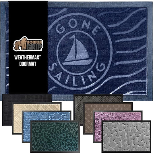 GORILLA GRIP 100% Waterproof All-Season WeatherMax Doormat US Designed Natural Rubber, Stain and Fade Resistant, Low Profile Indoor Outdoor Door Mats, Easy Clean Patio Mat, 17x29, Blue Sailing
