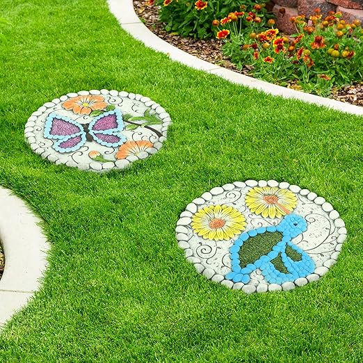Garden Stepping Stones Set of 2 Butterfly Outdoor Garden Decor 10 inch Round Decorative Stones Pavers for Garden Walkway Landscaping, Hummingbird Gifts (N6-YYD334)