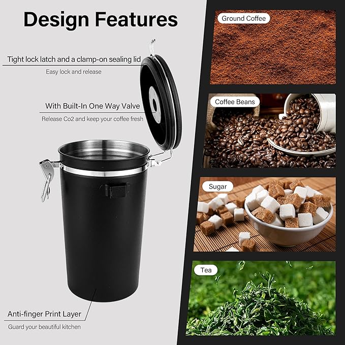 malmo Coffee Canister Set of 3, Airtight Coffee Container with Date Tracker Lid, Stainless Steel Canister for Kitchen Food Storage (Black, 180oz)