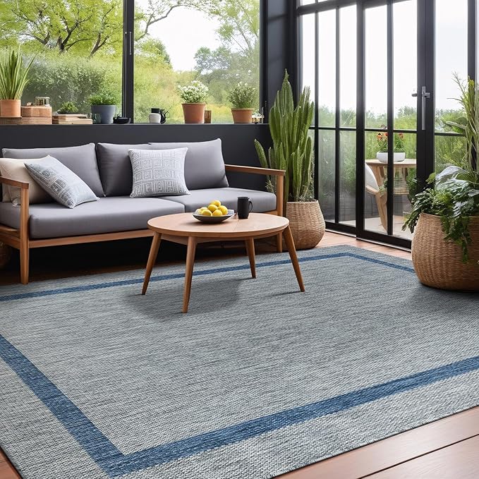 Bordered Outdoor Rug 6x9 Washable Outside Carpet for Indoor Patio Porch Waterproof Easy Cleaning Non Shedding Area Rugs Silver Gray - Blue 6 x 9