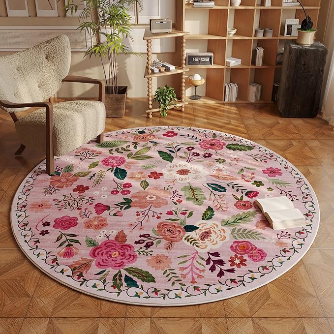 Round Rug 6ft Washable Circle Rug Non Slip Low Pile Boho Floral Small Circular Rug for Bedroom, Bathroom, Entryway, Kids Room, Office, College Dorm(Pink)