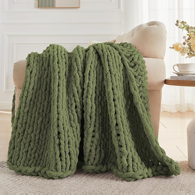 Carriediosa Chunky Knit Throw Blanket 50" X 60", 100% Hand Made Large Chenille Loop Yarn Soft Fluffy Throws for Couch Sofa Bed, Big Crochet Cozy Heavy Thick Cable Woven Blankets, Olive Green