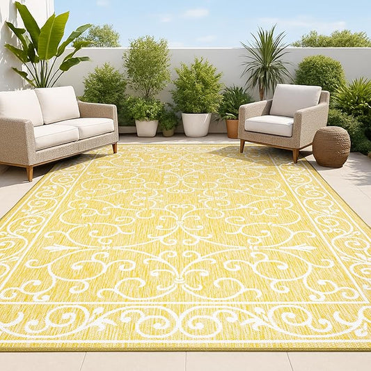 JONATHAN Y Vintage Filigree Indoor Outdoor Area Rug 5X8 Yellow/Cream, Charleston Textured Weave for Backyard, Patio, Porch, Easy-Cleaning, High Traffic, Pet-Friendly, Non-Shedding (SMB106L-5)