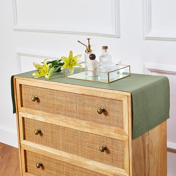 Solino Home Linen Table Runner 60 Inches - 100% Pure Linen Oil Green Table Runner 14 x 60 Inch Ideal for Dresser and Coffee Tables - Fall, Autumn, Thanksgiving - Fete