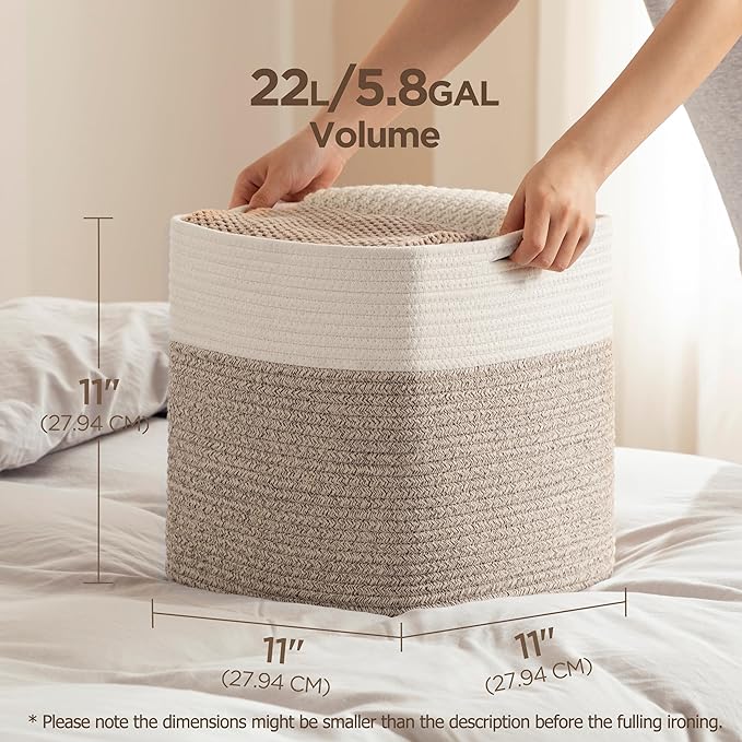 joybest Cube Storage Bins Set of 4, 11inch Cube Baskets Organizer for Nursery, Square Cotton Rope Baskets for Shelves Organizing, Kids Toy, Closet Storage, Brown and Cream White