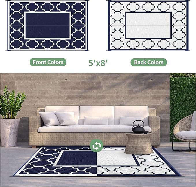 GENIMO 5' x 8' Outdoor Rug Waterproof for Patio Fall Decor, Foldable Reversible Plastic Straw Area Rugs Mat for Camper, Outside Carpet for Rv, Deck, Porch, Picnic, Beach, Balcony, Blue & White