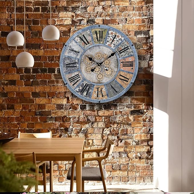 Unique Moving Gear Large Wall Clock - Battery Powered. Retro Industrial Steampunk Country Farmhouse Decor for The Living Room Kitchen Bars cafes and Offices (Blue/Metal/Round)