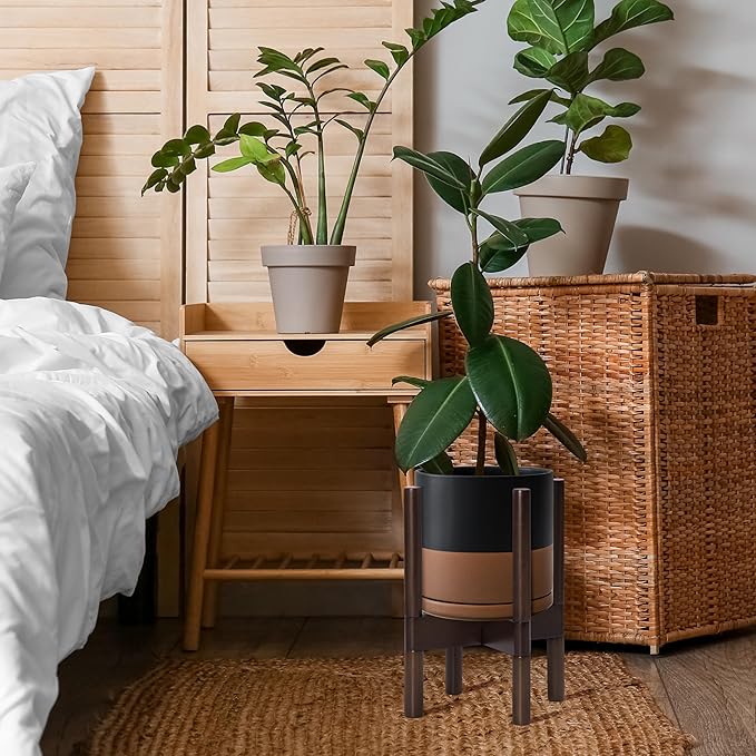 D'vine Dev Ceramic Planter with Walnut Color Stand - 8 Inch Modern Round Flower Pot with Wood Planter Holder, Black/Speckled Tan, 55-B-Y-7