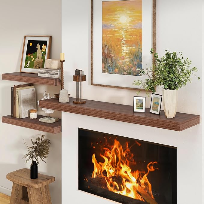 Deep Floating Shelves for Wall - 55 Inch Wide x 12 Inch Deep Wall Shelves Set of 1 - Rustic Walnut Color Wood Shelves for Living Room, Bathroom, Laundry Room, Bedroom, Kitchen, Home Office