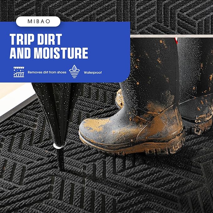 Mibao Front Door Mat Outside Entrance, Durable Outdoor Indoor Mat, Low Profile Heavy Duty Doormat, Non-Slip, Traps Dirt and Moisture, Easy Clean Patio Porch Entryway Mat, 29.5" x 17", Black