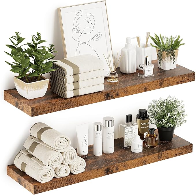 Floating Shelves 10 inches Deep, Long 36 x 10 x 1.8 Wall Shelves for Bedroom, Living Room, Kitchen, Office, Bathroom Farmhouse Shelf Home Decor with Invisible Bracket, Rustic Brown