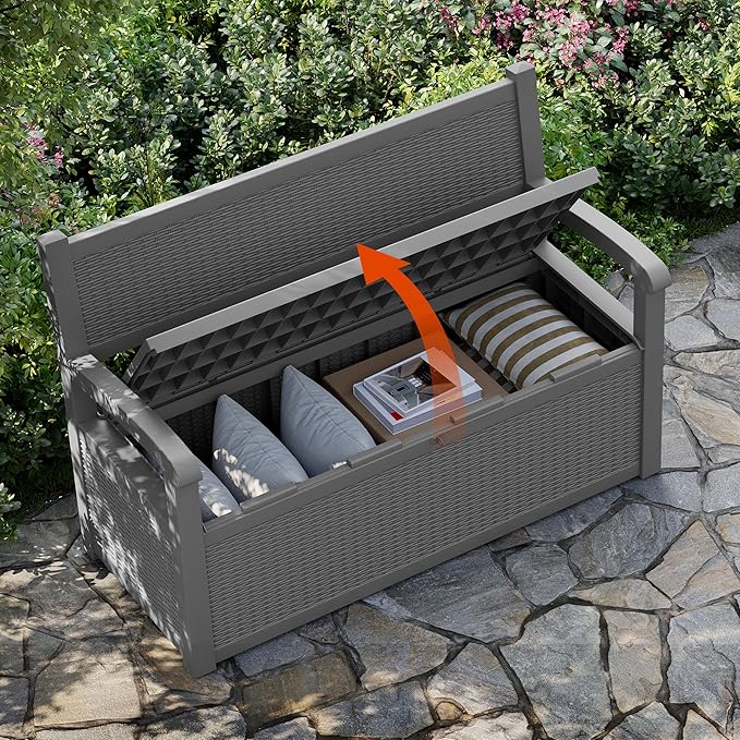 70 Gallon Outdoor Storage Box, Resin Patio Furniture with Armrest, Lockable Deck Box with Waterproof and UV Resistant for Patio Cushions, Garden Tools and Pool Supplies, Grey
