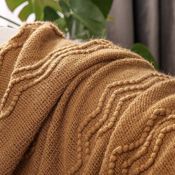MIULEE Knitted Brown Throw Blanket for Couch,Boho Bed Decor Knit Outdoor Blankets Throw Size with Tassels Cozy Woven for Sofa Home Chair Wave Pattern 50" x 60" Inches