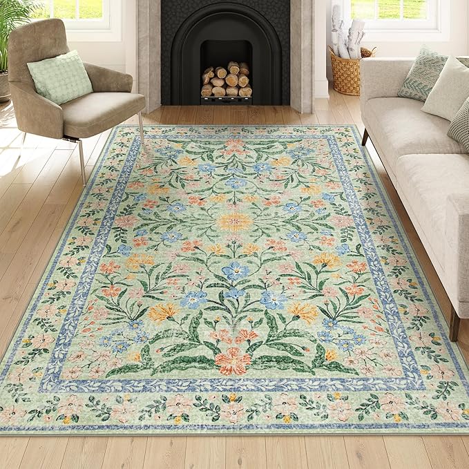 Wonnitar Washable Floral 6x9 Rug, Soft Green Area Rug Boho Non Slip Dining Room Carpet, Non-Shedding Flower Floor Carpets for Kids Bedroom Living Room Dorm Playroom