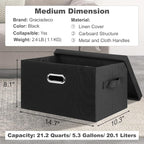 Medium 15" 21 Quart Collapsible Stackable Storage Bins with Lids, 3 Packs Black Foldable Fabric Closet Boxes Heavy-duty Lidded Linen Cube Basket Container Organizer and Storage for Bedroom