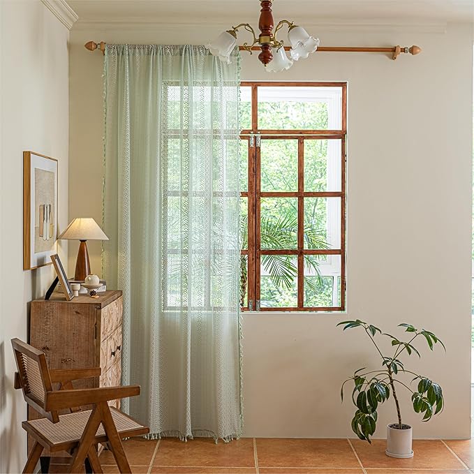Sutuo Home Boho Sheer Curtains for Kitchen Kid's Room,Crochet Lace Bohemian Hollow Knitted Handmade Tassels Window Treatment Vintage Chic Rod Pocket Farmhouse Drapes, 1 Panel 59" W x 63" L, Mint Green