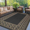GENIMO Outdoor Rug Waterproof 9'x12' for Patio, Foldable Reversible Plastic Straw Carpet for Travel Trailers, Outside Area Mat for Rv, Deck, Picnic, Porch, Camper, Balcony, Beach, Black & Brown
