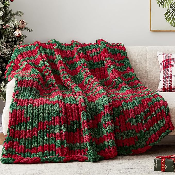 Chunky Knit Throw Blanket, 40''*50'' Knitted Throw Chenille Yarn for Bed Couch, Handmade Stripe Crochet Big Thick Blanket, Machine Washable Cute Comfy Blanket for Home Decor
