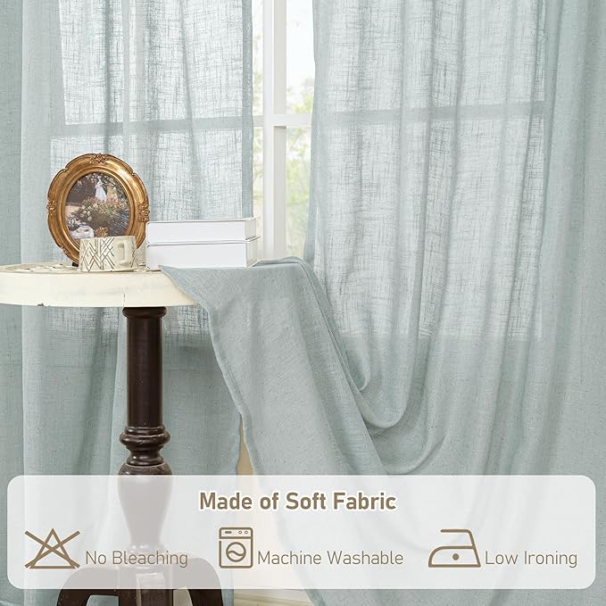 LAMIT Living Room Linen Curtains 95 Inch for Bedroom, Bronze Grommet Linen Textured Sheer Curtains Light Filtering Burlap Drapes for Farmhouse, 2 Panels, 52 x 95 Inch, Greyish Blue