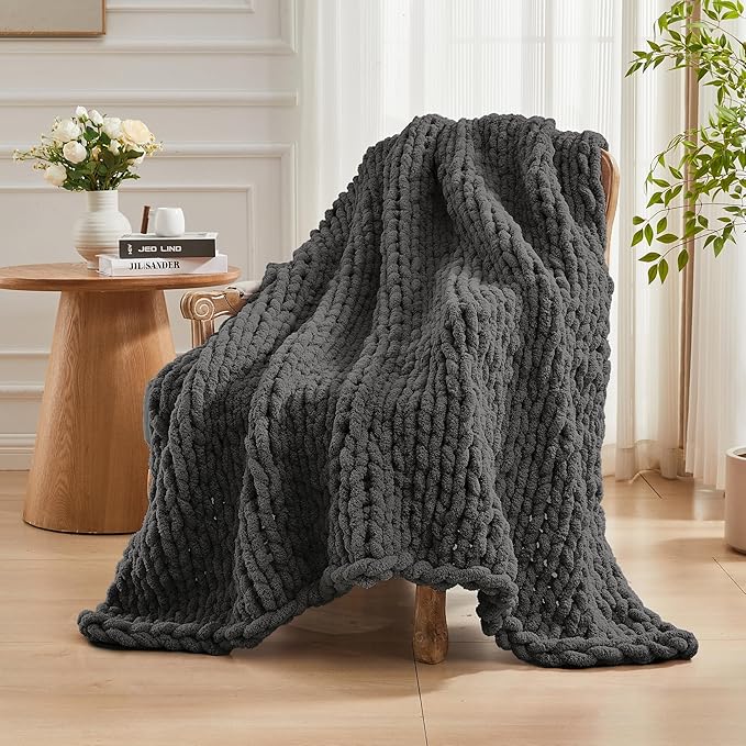 Carriediosa Chunky Knit Throw Blanket 60" X 80" Twin, 100% Hand Made Large Chenille Loop Yarn Soft Fluffy Throws for Couch Sofa Bed, Big Crochet Cozy Heavy Thick Cable Woven Blankets, Dark Grey