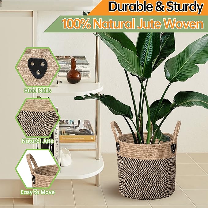 14"x12" Natural Jute Rope Woven Storage Basket with Handles for Plant, Blankets,Toys,Clothes,Shoes - Living Room Home Decor,Multifunctional Basket for Organizer,Picnic,Artificial Tree