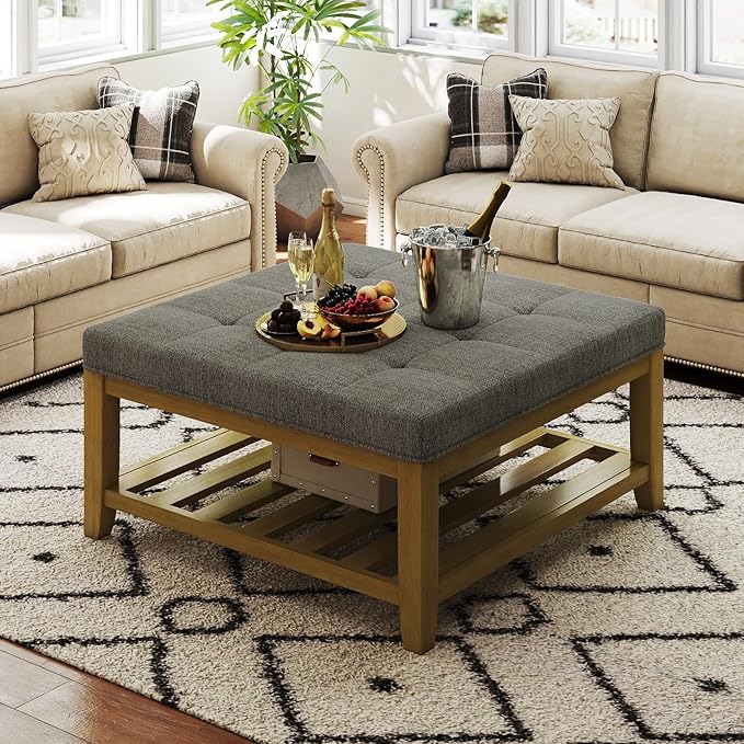 Large Square Ottoman Coffee Table, Linen Solid Upholstered Footrest Ottoman with Solid Wood Shelf Storage Tufted Coffee Table for Bedroom Living Room, Granite