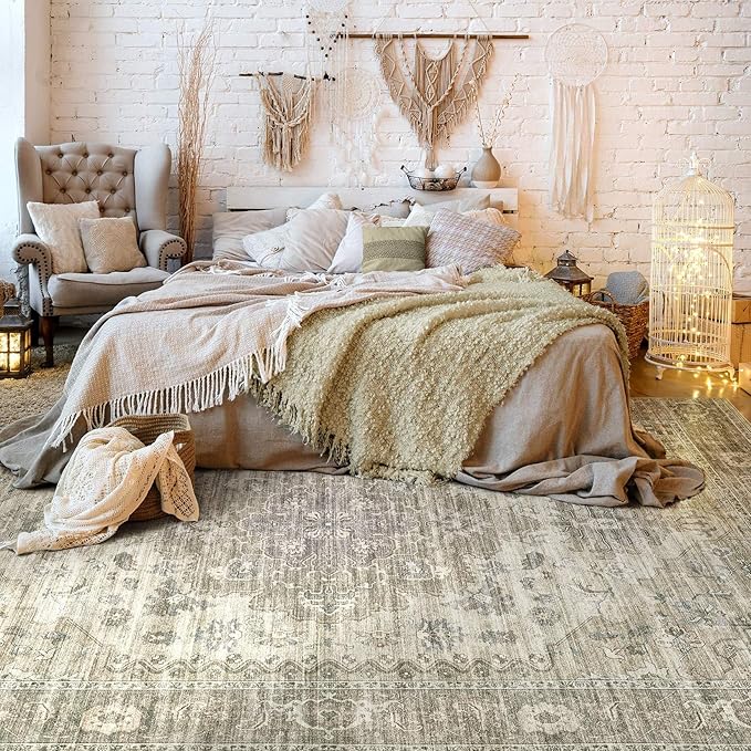 Washable Area Rugs for Living Room -8x10 Neutral Vintage Distressed Floral Farmhouse Boho Large Soft Floor Rug Indoor Non Slip Carpet for Living Room Bedroom Dining Room Office - Brown/Tan