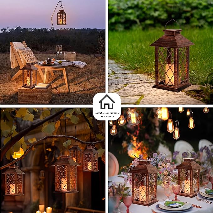 Solar Lanterns Outdoor, Waterproof Garden Hanging Lanterns, 13" Outdoor Decorative Lantern with LED Flickering Flameless Candles, Vintage Lantern for Porch, Yard,Patio Decor, 1 Pack
