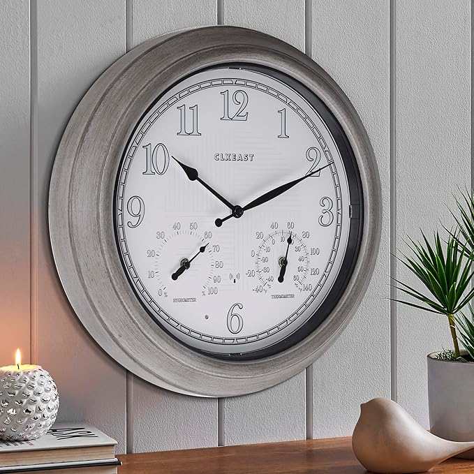 CLXEAST 18 Inch Farmhouse Illuminated Outdoor Atomic Wall Clock with Thermometer & Hygrometer Combo, Night Lighted Wall Clock with Smart Sensor, Weather Stations,Brushed Grey Oak Finish