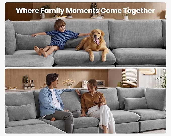 Oversized Modular Sofa, Extra Deep Cloud Chenille Sectional Couch with Ottoman Chaise, Fluffy Chenille 2 Seater Sofa Bed for Living Room, Villa (Loveseat Sofa, Chenille Grey)