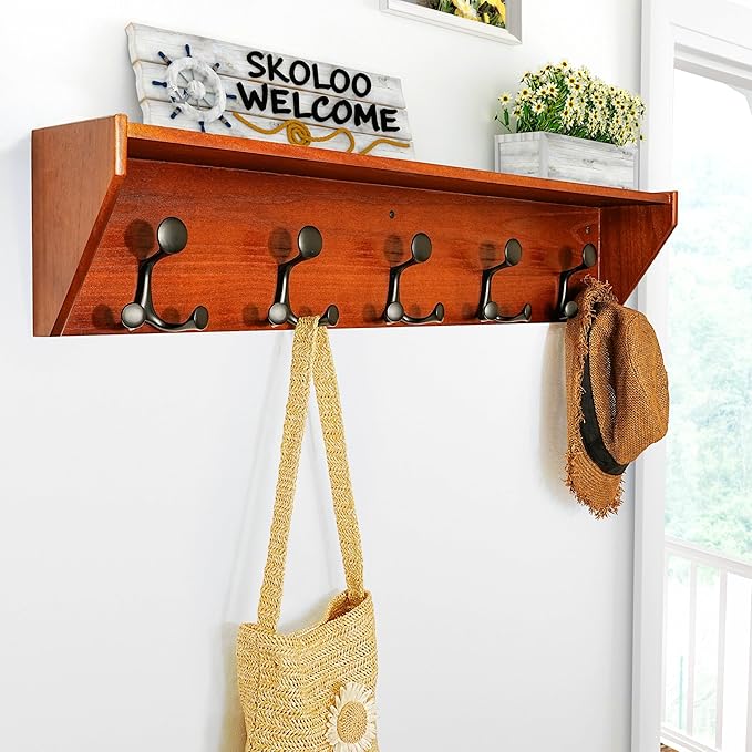 SKOLOO Wall Shelf with Hooks, 35-Inch Cherry Coat Rack Wall Mount with Shelf Organizer - Lightweight & Sturdy, 5 Tri Hooks - Perfect for Entryway, Hallway, Living Room, Bedroom, Mudroom