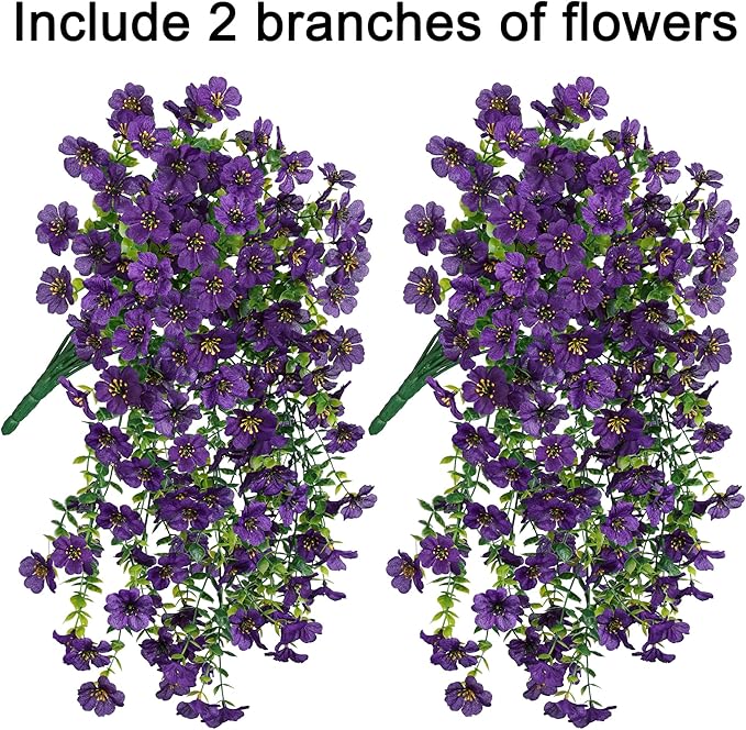 Artificial Faux Hanging Flowers Plants for Spring Outdoor Outside Decoration, 2 PCS Fake Silk Daisy with Eucalyptus UV Resistant Realistic Trailing Vines for Balcony Patio Porch (Dark Purple)