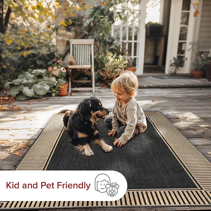 nuLOOM 8' x 10' Outdoor Area Rug, Casual Design With Striped Border, Stain Resistant, Highly Durable, For Patio, Balcony, Bedroom, Living Room, Dining Room, Bathroom, Dark Grey