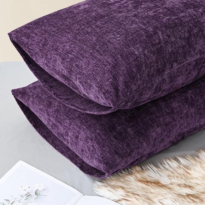 CaliTime Throw Pillow Covers Decorative 20 X 26 Inches Pack of 2 Cozy Chenille Standard Pillow Shams Cases for Couch Sofa Bed Living Room Home Plum Purple