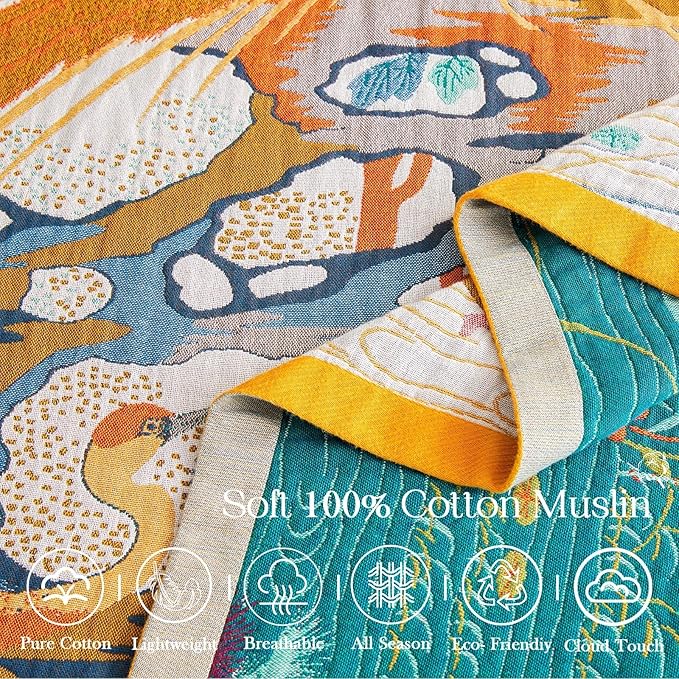 Fall Throw Blanket for Couch, Yellow Boho Decorative Throw Blanket, 100% Cotton Muslin Breathable Woven Farmhouse Blankets Quilt, 60"x80" Reversible Lightweight Blankets Bohemian Throw Quilt
