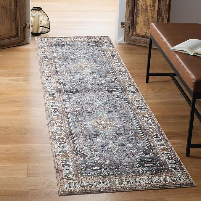 Keen Home Design 2x12 Rug - Machine Washable Runner Rug with Non-Slip Backing, Ideal for Hallway, Entryway, Kitchen, Laundry Room - Vintage, Easy Clean, Durable, Low Pile - (2'6" x 12')