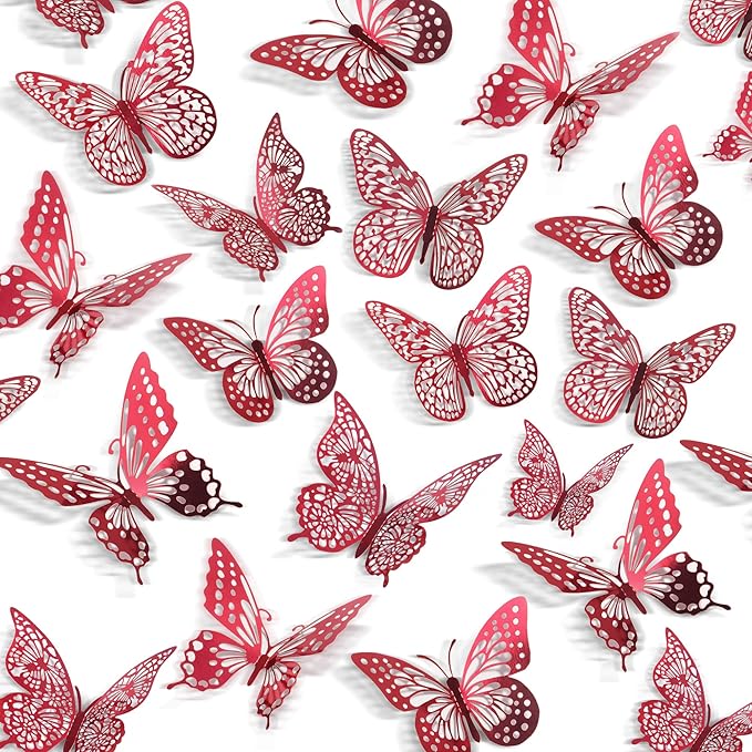 SAOROPEB 3D Butterfly Wall Decor - 48 Pcs, 4 Styles, 3 Sizes - Removable Stickers (Blood Red) for Birthday & Party Celebrations