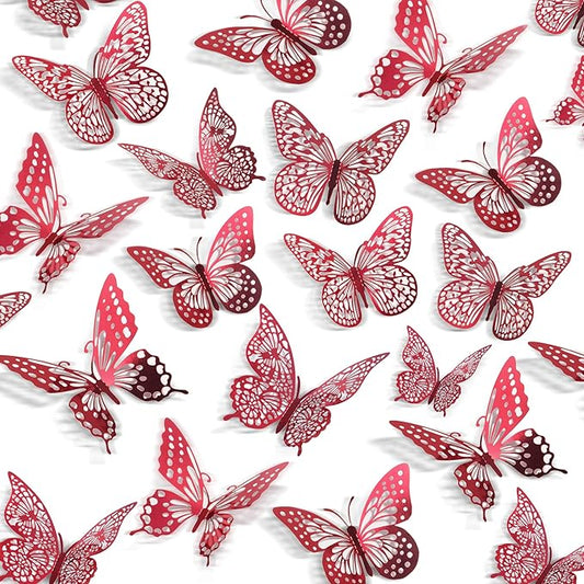 SAOROPEB 3D Butterfly Wall Decor - 48 Pcs, 4 Styles, 3 Sizes - Removable Stickers (Blood Red) for Birthday & Party Celebrations