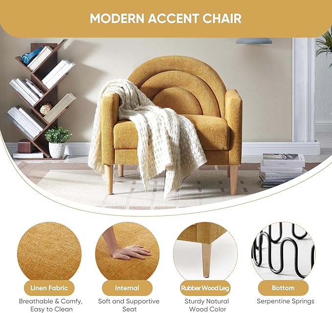 Accent Chair Reading Chair with Armrest, Small Comfy Chair for Small Spaces, Modern Linen Upholstered Armchair for Bedroom & Living Room, Single Sofa Chair with Wood Legs, Easy Assembly (Yellow)