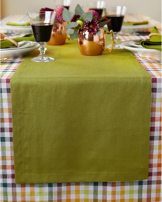 Solino Home Linen Avocado Green Table Runner 108 Inches Long - 100% Pure Linen 14 x 108 Inch Table Runner for Dining, Fall, Autumn, Thanksgiving - Fete
