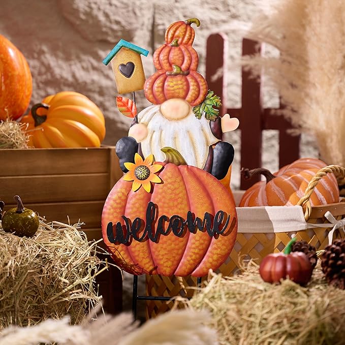 TERESA'S COLLECTIONS Fall Gnome Pumpkin Decorations for Outdoor Home, Metal Fall Decor Welcome Signs Stakes, Orange Autumn Yard Decor for Thanksgiving, Harvest Garden Patio Gift for Mom 25"