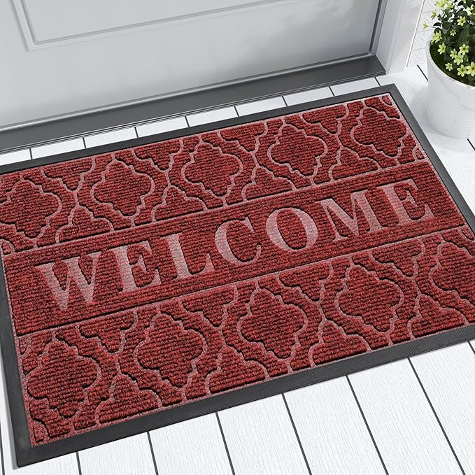 Yimobra Welcome Mat Outdoor Indoor 29.5x17, All-Weather Waterproof Front Door Mat Outside Entrance, Non-Slip Low Profile Porch Patio Doormat, Red
